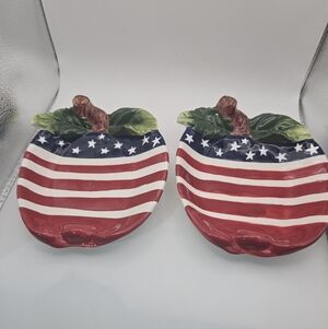 Set of 2 Patriotic Apple Plates USA Flag Red White Blue July 4th Serving Dishes